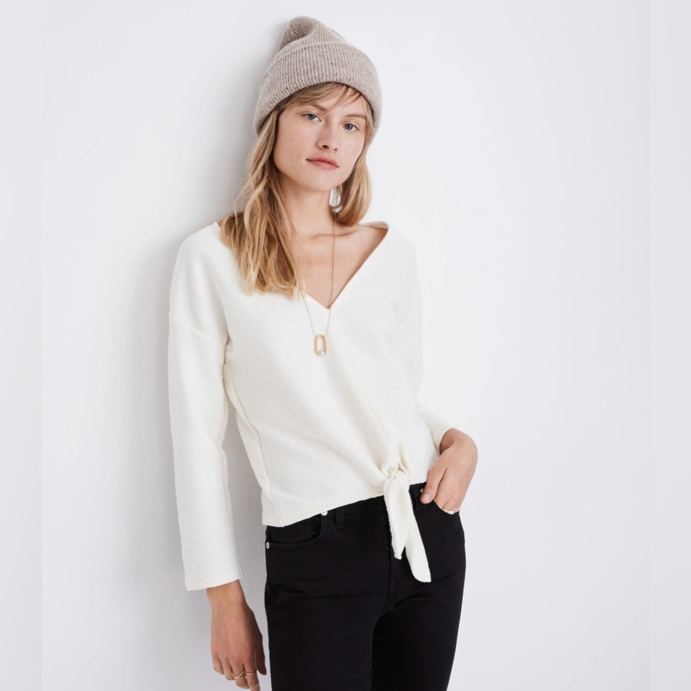 Madewell Texture & Thread Long-Sleeve Tie-Front Top in Antique Cream Size Small‎
